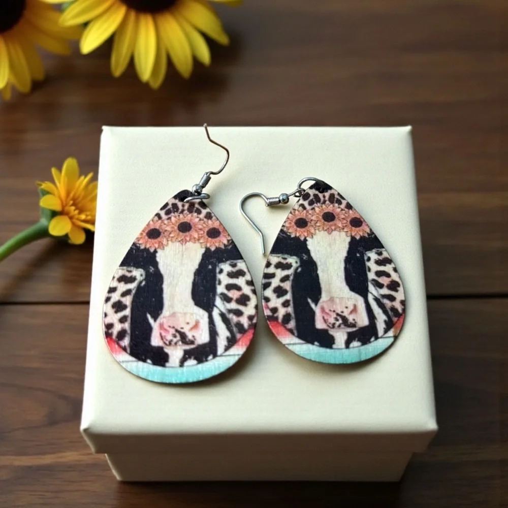 Western Cow & Floral Animal Print Teardrop Earrings